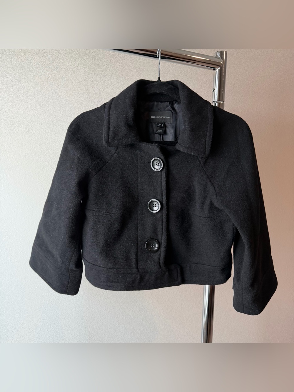 MNG Casual Size XS Wool Cropped Button-Front Peacoat in Black GUC